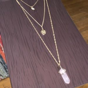 Rose Quartz Charm 3-Layered Necklace w/ Gold Chain